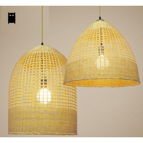 Round Bamboo Wicker Rattan Cage Shade Pendant Light Fixture Rustic Asian Japanese Hanging Ceiling Lamp Design Dining Yoga Room