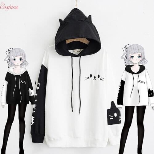 Cute Mori girl Cartoon Letter Cat Embroidery Patchwork Hoodie Winter Fall Pullover Long Sleeve Sweatshirt Womens Black & White