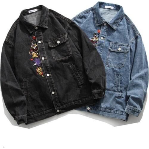 Harajuku Cartoon Couple Begins to Jeans Coat Mens Hong Kong Style Autumn New Korean Style BF Fashion Jacket