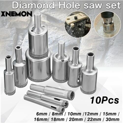 10 Pcs Diamond Drill Bit Set 6mm-30mm Diamond Coated Core Hole Saw Drill Bits Tool Cutter for Glass Marble Tile Granite Drilling
