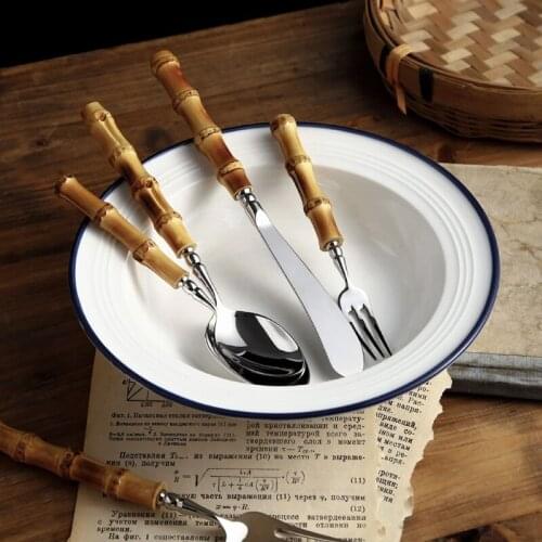 HOT Dinnerware Set 20Pcs Bamboo Handle Cutlery Set 304 Stainless Steel Knife Fork Spoon Tableware With Bamboo Handle