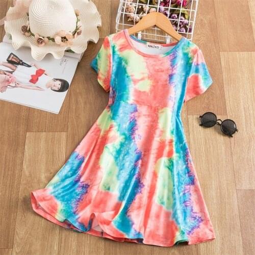 New Rainbow Girls Dress Summer Princess Party Kids Dresses for Girls Colorful Flower Print Children Clothes Size 3-8 Years
