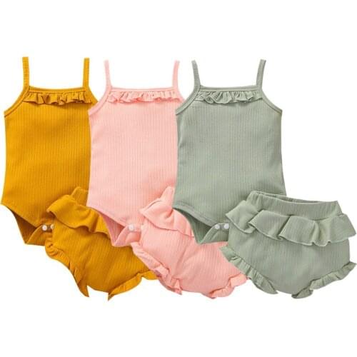 Newborn Infant Summer Baby Girls Clothes 2Pcs Set Cotton Ribbed Romper Ruffles Shorts Outfits Clothes Baby Girls Clothing Suits