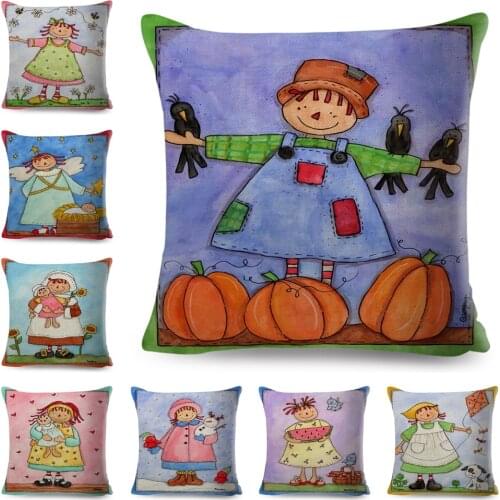 Colorful Cartoon Girl Cushion Cover for Sofa Home Children Room Decor Flower Plant Pillowcase Polyester Pillow Case 45x45cm
