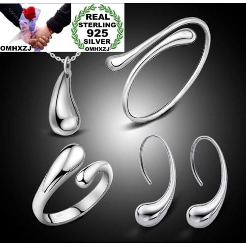 OMHXZJ Wholesale Personality Fashion Woman Water Drop 925 Sterling Silver Stud Earrings+Ring+Necklace+Bracelet Jewelry Set SE18