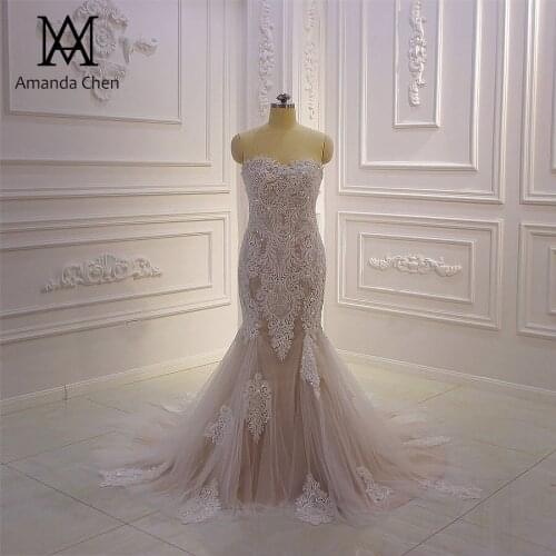Vestiti da sposa Champagne Mermaid Lace Appliqued Strapless Wedding Dress