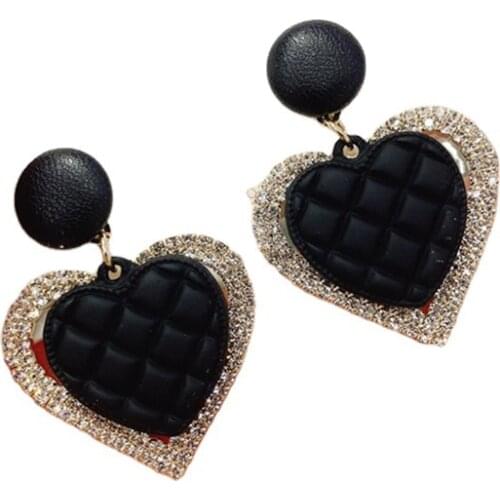 TIMEONLY Korea Japan Shiny Rhinestones Love Heart Earrings for Women Girl Black Leather Plaid Heart Drop Earrings Elegant Gifts