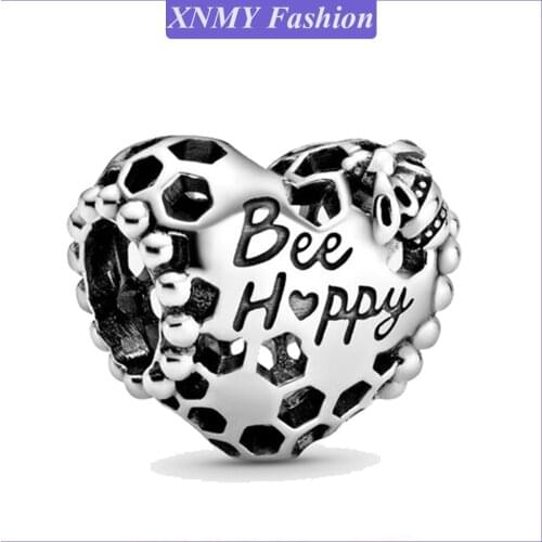 XNMY Hot Sale Silver Color Bee Happy Honeycomb Heart Charm Beads Fit Original Pandora Bracelet Bangle Jewelry Making DIY Gift