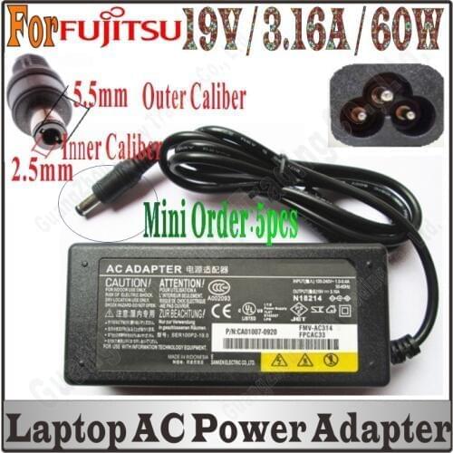 DHL Ship Universal Power Adapter 19V 3.16A AC Laptop Charger For fujitsu LifeBook A4177 A4178 4187 A4190 A4170 FMVAC319 FPCAC46