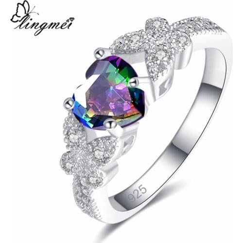 Lingmei Wholesale Fashion Lover Valentines Day Heart Rainbow Pink White Cubic Zircon Silver Color Butterfly Ring Size 6-9 NEW