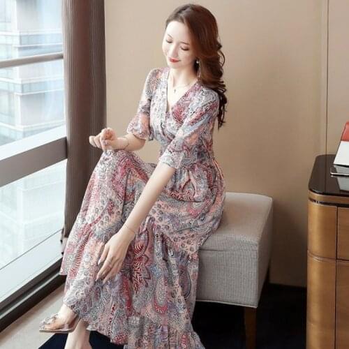 Dress For Woman Vintage Floral Print Maxi Dress Casual Beach Flared Sleeve Spring Summer 2021 Elegant Office Ladies Midi Dresses