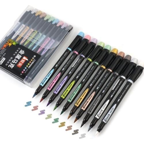 10pcs Metallic color Brush Marker Pen set 1-7mm Soft tip Drawing Painting Lettering Calligraphy Album Design Art supplies