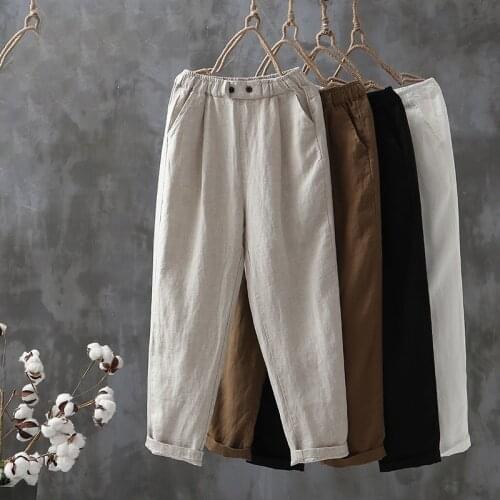 Vintage Women Pants Cotton Linen Trousers Elastic High Waist Harem Pants Casual Oversize Solid Color Button Summer Womens Pants