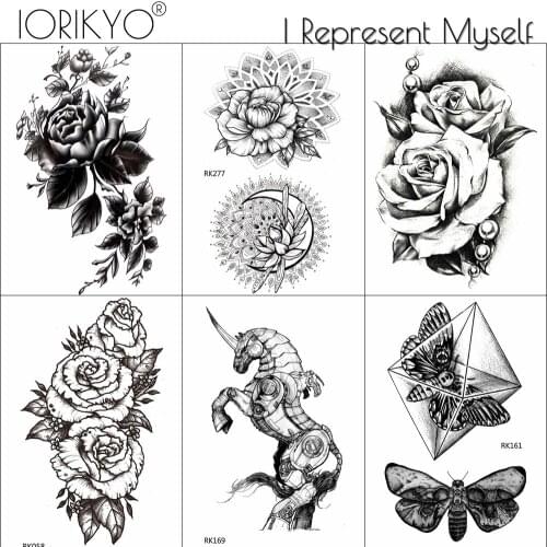 IORIKYO Black Henna Flower Chains Temporary Tattoo Stickers Women Body Art Arm Fake Tatoos Sketch Moth Girls Waterproof Tattoo