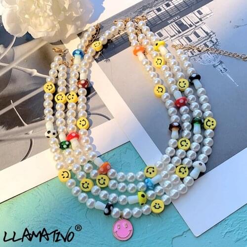 Korean Smiley Face Mushroom Pearls Beaded Choker Necklace For Women Girls Sweet Acrylic Heart Bear Beads Necklaces Jewelry Gift