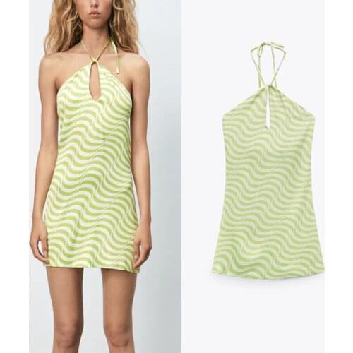 Summer Satin Printed Female Mini Dress ZA 2021 Sexy Halter Neck Tied Dresses Fashion Opening Bust Backless Party Dresses Womens