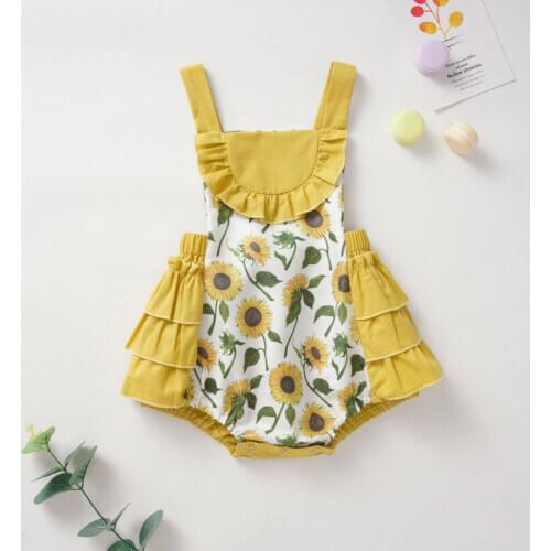 Newborn Baby Boys Summer Clothes sleevelss Sunflower Printed Ruffles Bodysuit Romper Cotton Outfit 0-24M Yellow Clothing