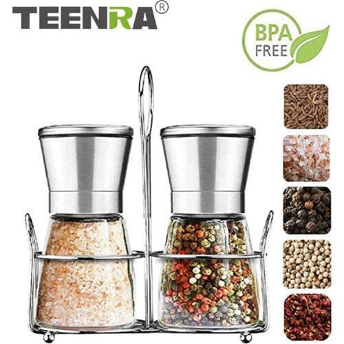 TEENRA 2Pcs Salt Pepper Mill Grinder Shakers Stainless Steel Pepper Spice Mills Set with Adjustable Ceramic with Glass Body