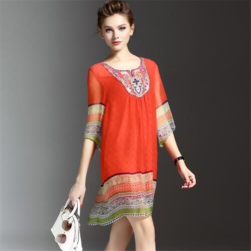 2020 Summer New Retro Printed Boutique Dress Ethnic Style Loose Large Size Half Sleeve Red Banquet Dress