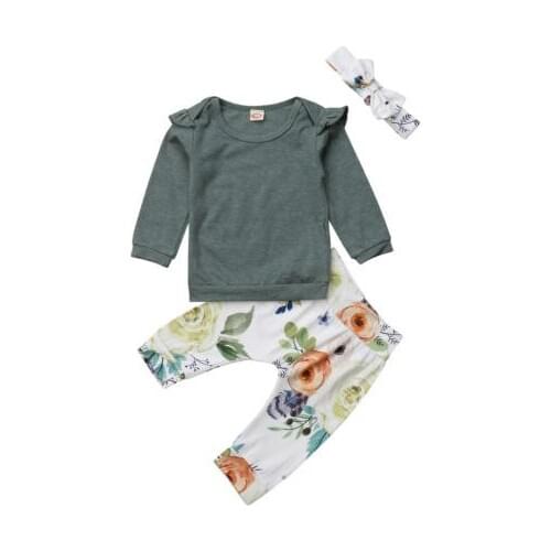 Autumn Newborn Baby Girls Solid Ruffles Tops Floral Pants Outfits Set Clothes 0-24M