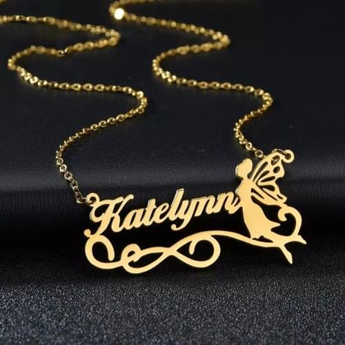 Personalized Custom Cartoon Elves Necklaces Stainless Steel Custom Name Fairy Wing Design Necklaces Mirror Surface Jewelry Gifts