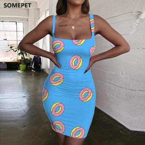 SOMEPET Donuts Dress Women Food Ladies Dresses Blue Bodycon Dress Womens Clothing Plus Size Vintage Boho High Quality