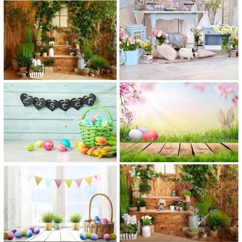 SHENGONGBAO Spring Easter Photography Backdrop Rabbit Flowers Eggs Wood Board Photo Background Studio Props 2021318FH-01