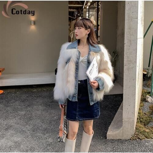 Cotday 2020 New Winter Fox Like Ladies High Street Fake Luxurious Short Denim Stitching Fur Turn-down Collar Young Fur Coat