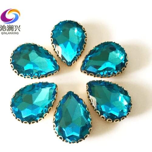 Lake blue color Drop shape top glass crystal lace claw rhinestones,golden base sew on stone for Diy/Clothing accessories HGS12