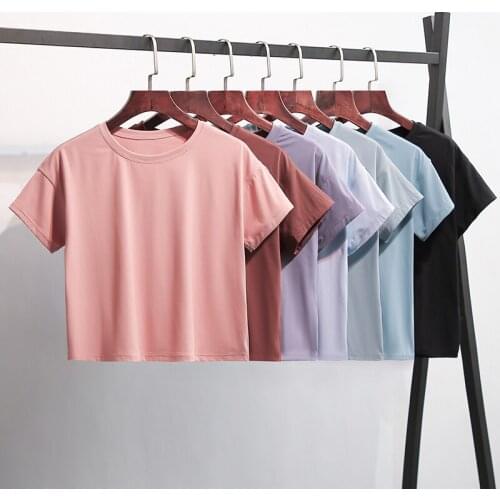 LOOSE FIT O-Neck Plain Gym Yoga Sport Crop T-shirt Women Buttery Soft Workout Training Fitness Crop Tops Short Sleeved Shirt