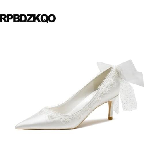 Bridesmaid Pumps Silk Bow Ivory Lace Bridal Shoes Stiletto High Heels Pointed Toe Satin Women Wedding White Girls Flower Pearl