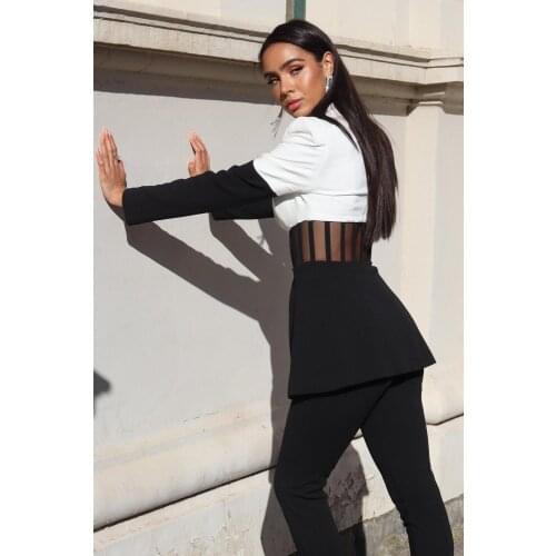 High Quality New Fashion Deep V Neck White Black Long Sleeve Mesh Hollow Out Bodycon 2 Pieces Set Fashion Set Evening Party Set
