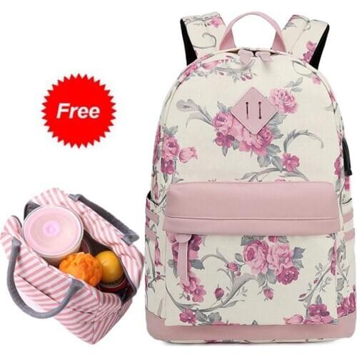Waterproof Canvas Backpacks for Teen Girls Women School Bags Kid College Bookbag Fits 14 Inch Laptop with USB Charging Port