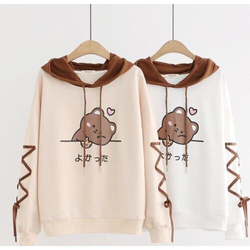 Autumn Mori Girl Cartoon Bear Hoodie Pullovers Women Casual Sweet Long Sleeved Fleece Female Kawaii Hooded Sweatshirt U269