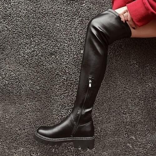 ZJVI 2020 Woman Stretch Genuine Leather Over The Knee Boots Women Winter Thigh High Square Heels For Grils Ladies Black Shoes