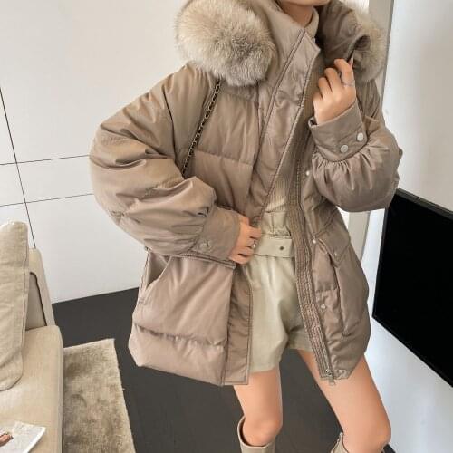 MENINA BONITA 2021 Fashion Winter Jacket Women Real Natural Fox Fur Collar Hooded 90% White Duck Down Coat Warm Loose Outerwear
