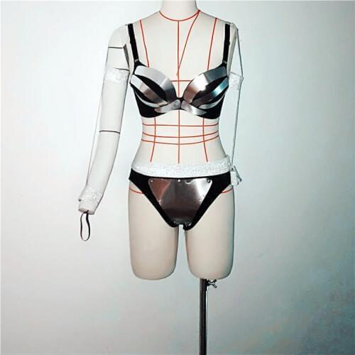 Female GOGO Dancer Costume Lady GaGa Future Technology Sense Bar Silver Bikini Sexy Rave Party Outfit Carnival Show Clothes 1948