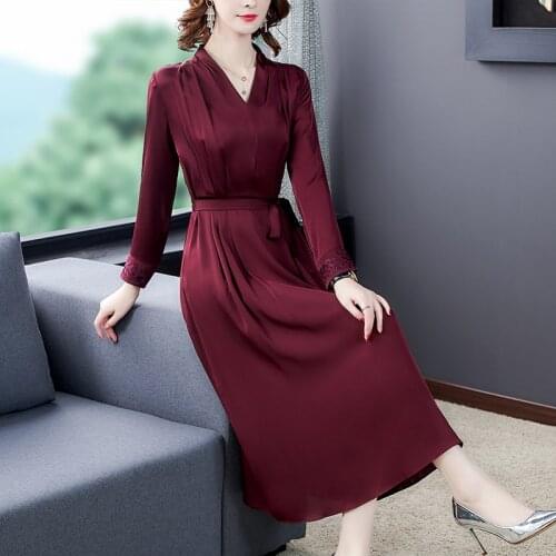Women Red Mulberry Silk Satin Bodycon Midi Dress Spring Autumn Vintage Korean Casual Dresses 2021 Elegant Solid Evening Vestidos