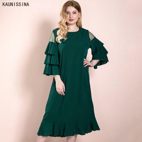 Plus Size Women Dress O Neck Mid-Calf Three Quarter Butterfly Sleeve Straight Dress Female Spring Autumn Oversized Clothes 4XL