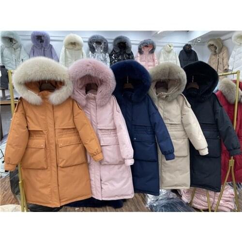 2021 Real Fox Fur Collar White Goose Down Long Coat Oversized Thick Coat Winter Causual Female Coat
