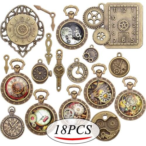 18pcs Random Mixed Clock Watch Face Gear Cog Wheel Steampunk Charms Antique Bronze Alloy Necklace Pendant for DIY Jewelry Making