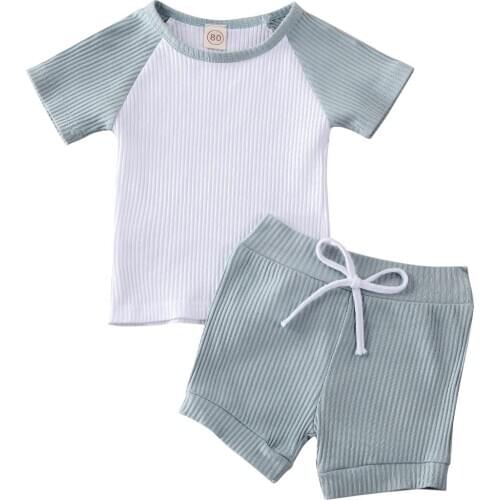 2020 Baby Summer Clothing 2PCS Toddler Kids Baby Boys Girls Short Sleeve Shirt Shorts Pants Clothes Ribbed Patchwork Outfit