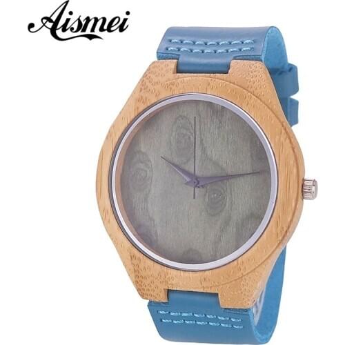 2018 New arrived Green Face Dial blue leather band Wood Watch Top Luxury brand Men Women Quartz Wooden Wristwatches Clock