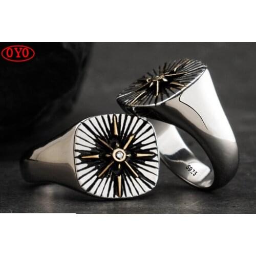 925 Silver Cross Trek Compass Domineering Personality Mens Ring