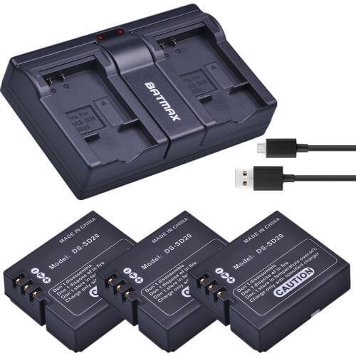 Batmax 3Pc DS-SD20 SD20 Battery+USB Dual Charger for Rollei 3S 4S 5S ActionPro SD20F WiF Rollei 3S Action Sports Cameras