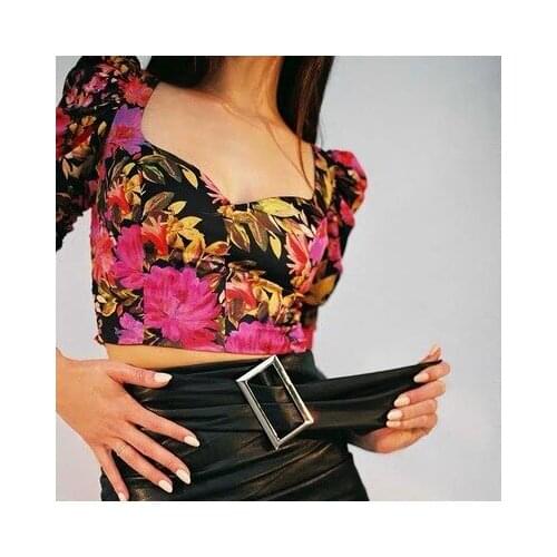 BOHO INSPIRED floral print BUSTIER womoen tops Cotton Eyelet Trim ruffle hem sexy summer blouse tops for women Decorative Ties