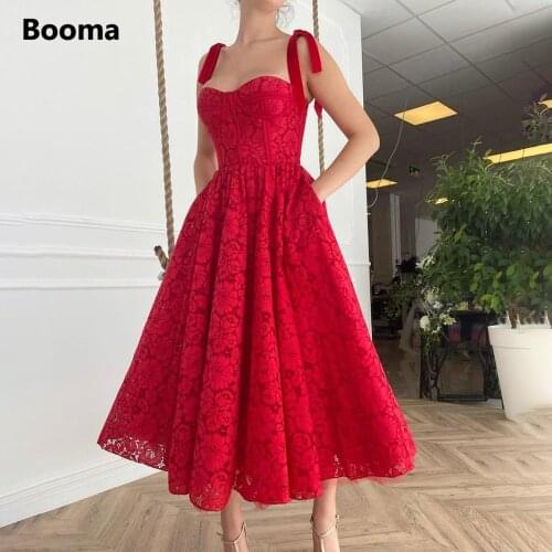 Booma Red Flowery Lace Prom Dresses Sweetheart Bow Straps Tea-Length A-Line Party Gowns with Pockets Special Occasion Dresses