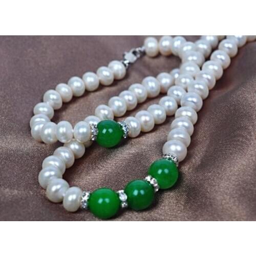 7-8mm freshwater cultured white pearl necklace bracelets + 8mm emerald 18inch set