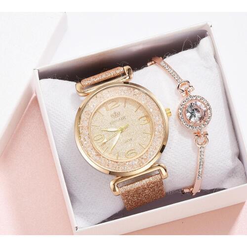 2pcs/Set Luxury Fashion Simple Dial Leather Strip Watch Women Full Diamond Bracelet Watches Quartz Relogio Wristwatch with Gift