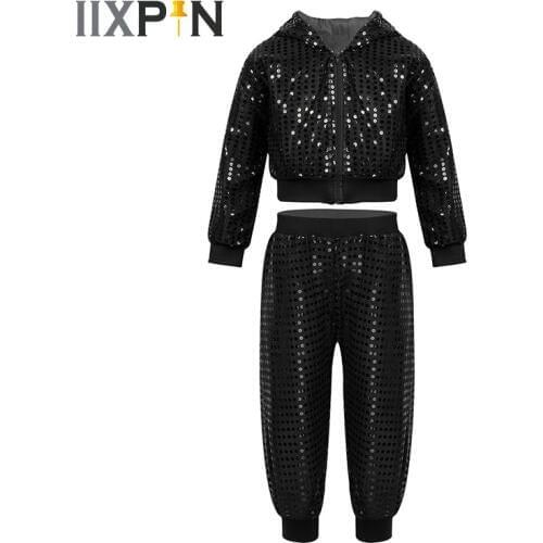 IIXPIN Children Girls Hip-hop Jazz Costume Sequins Street Dancing Clothing Kids Shiny Long Sleeve Hooded Tops with Pants Set